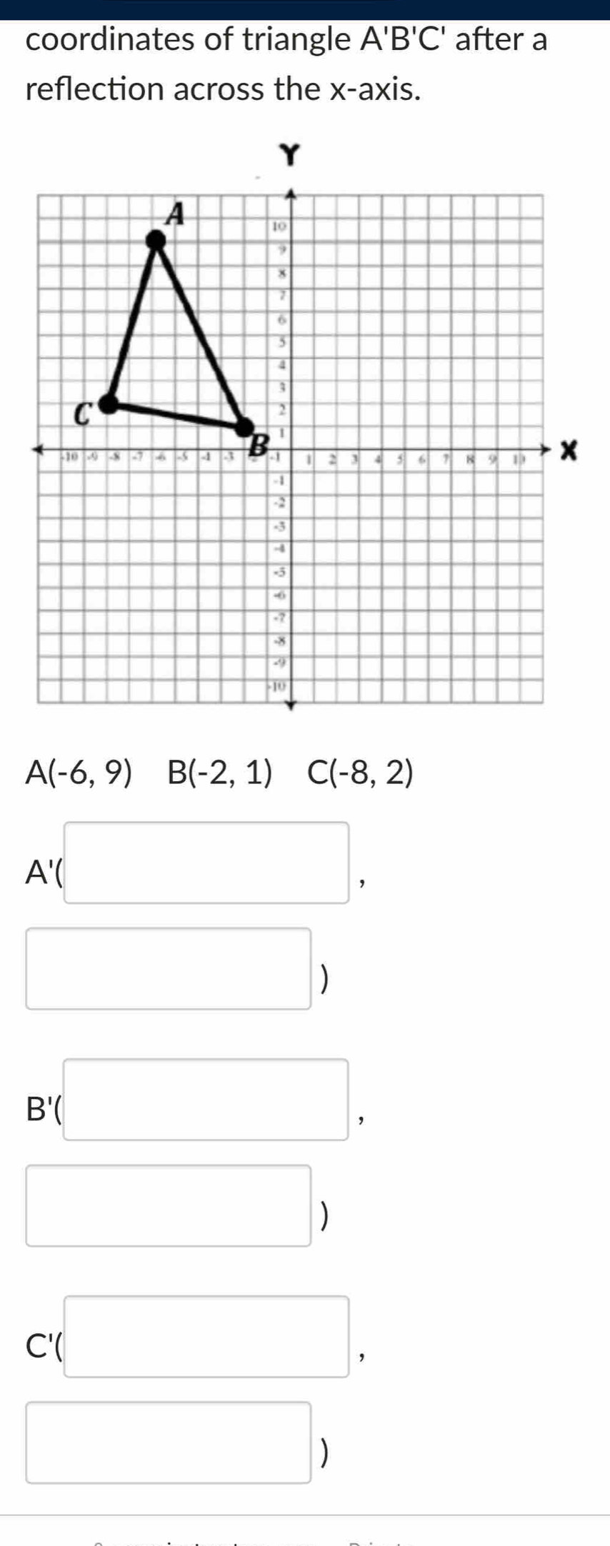 coordinates of triangle A'B'C' after a 
reflection across the x-axis.
A(-6,9) B(-2,1) □  C(-8,2)
A'(□ ,
□ )
B'(□ ,
□ )
C'(□ ,
□ )