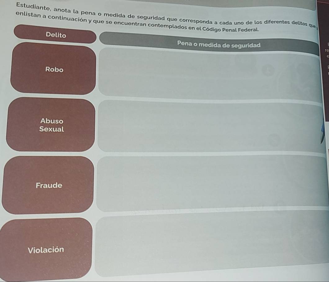 Estudiante, anota la pena o medida de seguridad que corresponda a cada uno de los diferentes delitos que
enlistan a continuación y que se encuentran contemplados en el Código Penal Federal
Delito
Pena o medida de seguridad
re
Robo
Abuso
Sexual
Fraude
Violación