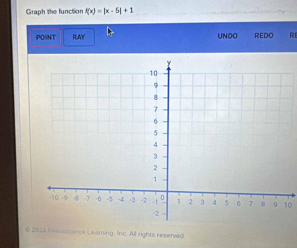 Graph the function f(x)=|x-5|+1
POINT RAY UNDO REDO RE 
0 
C 2024 Renaissance Learning. Inc. All rights reserved.