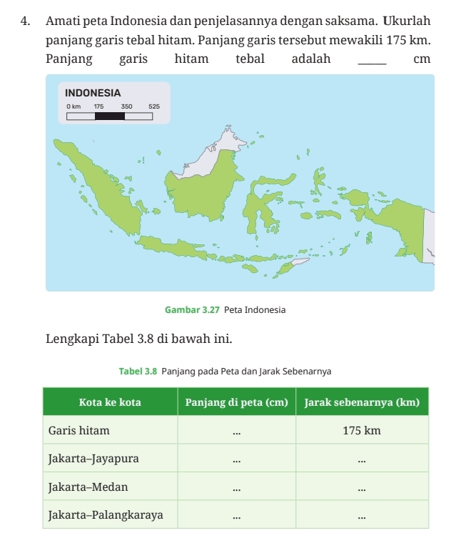 Amati peta Indonesia dan penjelasannya dengan saksama. Ukurlah 
panjang garis tebal hitam. Panjang garis tersebut mewakili 175 km. 
Panjang garis hitam tebal adalah _ cm
Gambar 3.27 Peta Indonesia 
Lengkapi Tabel 3.8 di bawah ini. 
Tabel 3.8 Panjang pada Peta dan Jarak Sebenarnya