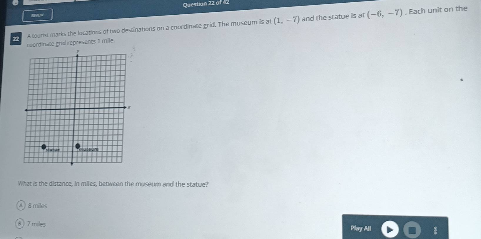 REVIEW Question 22 of 42
A tourist marks the locations of two destinations on a coordinate grid. The museum is at (1,-7) and the statue is at (-6,-7). Each unit on the
coordinate grid represents 1 mile.
What is the distance, in miles, between the museum and the statue?
A) 8 miles
B) 7 miles Play All