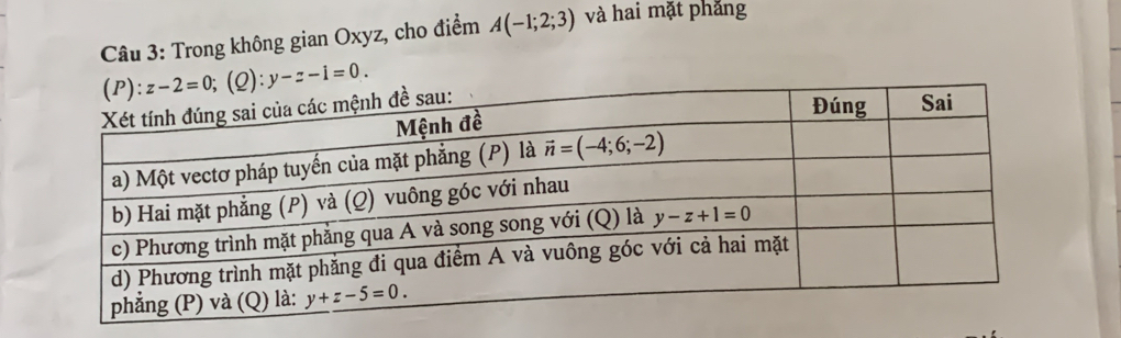 Trong không gian Oxyz, cho điểm A(-1;2;3) và hai mặt phẳng