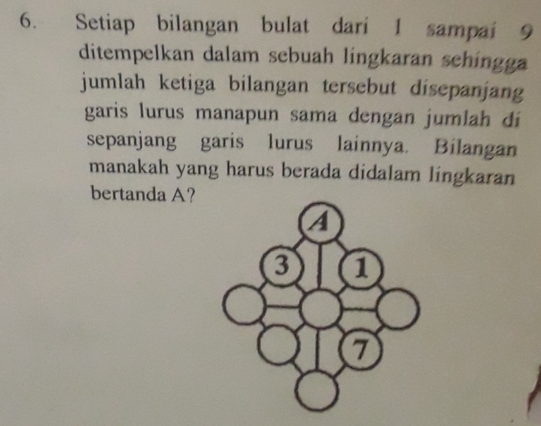 Setiap bilangan bulat dari 1 sampai 9
ditempelkan dalam sebuah lingkaran sehingga 
jumlah ketiga bilangan tersebut disepanjang 
garis lurus manapun sama dengan jumlah dí 
sepanjang garis lurus lainnya. Bílangan 
manakah yang harus berada didalam lingkaran 
bertanda A?