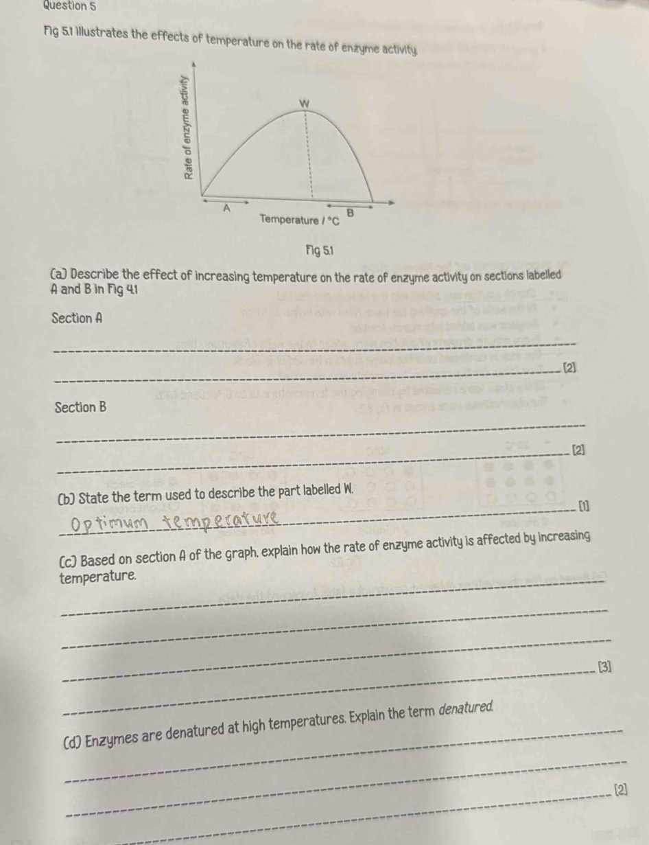 Fig 5.1 illustrates the effects of temperature on the rate of enzyme activity.
Ng 5.1
(a) Describe the effect of increasing temperature on the rate of enzyme activity on sections labelled
A and B in Fg 4.1
Section A
_
_[2]
Section B
_
_[2]
(b) State the term used to describe the part labelled W.
_[1]
(c) Based on section A of the graph, explain how the rate of enzyme activity is affected by increasing
temperature.
_
_
_[3]
(d) Enzymes are denatured at high temperatures. Explain the term denatured.
_
_[2]