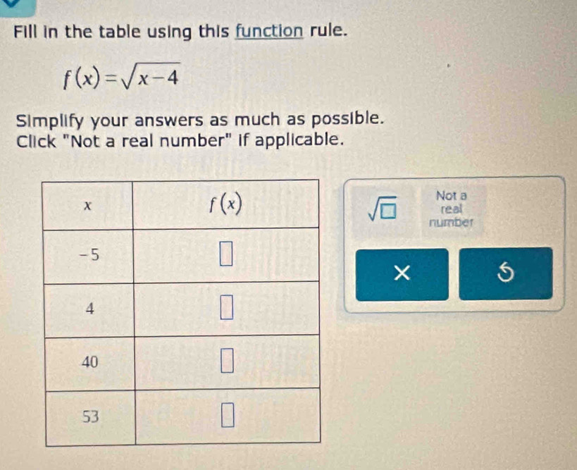 Fill in the table using this function rule.
f(x)=sqrt(x-4)
Simplify your answers as much as possible.
Click "Not a real number" if applicable.
Not a
real
sqrt(□ ) number
×
5