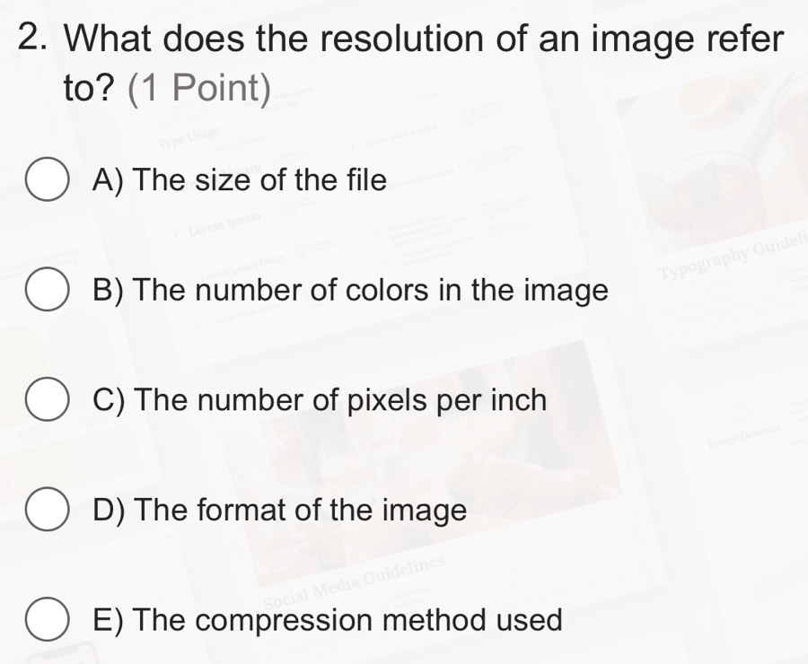 What does the resolution of an image refer
to? (1 Point)
A) The size of the file
Typography Guidel
B) The number of colors in the image
C) The number of pixels per inch
D) The format of the image
E) The compression method used