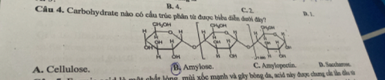 B. 4.
C. 2
Câu 4. Carbohydrate nào có cầu trúc phân tử được biểu diễn đướ D. 1.
A. Cellulose. B. Amylose. D. Sacchares
18, mùi xốc mạnh và gây bóng đa, acid này được chung cắt lần đầu từ