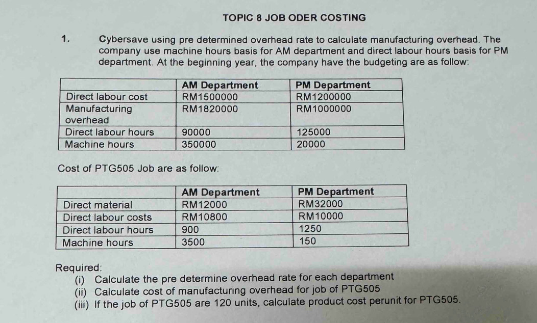 TOPIC 8 JOB ODER COSTING 
1. Cybersave using pre determined overhead rate to calculate manufacturing overhead. The 
company use machine hours basis for AM department and direct labour hours basis for PM 
department. At the beginning year, the company have the budgeting are as follow: 
Cost of PTG505 Job are as follow: 
Required: 
(i) Calculate the pre determine overhead rate for each department 
(ii) Calculate cost of manufacturing overhead for job of PTG505
(iii) If the job of PTG505 are 120 units, calculate product cost perunit for PTG505.