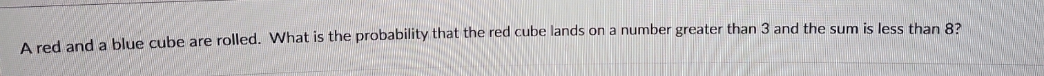 A red and a blue cube are rolled. What is the probability that the red cube lands on a number greater than 3 and the sum is less than 8?