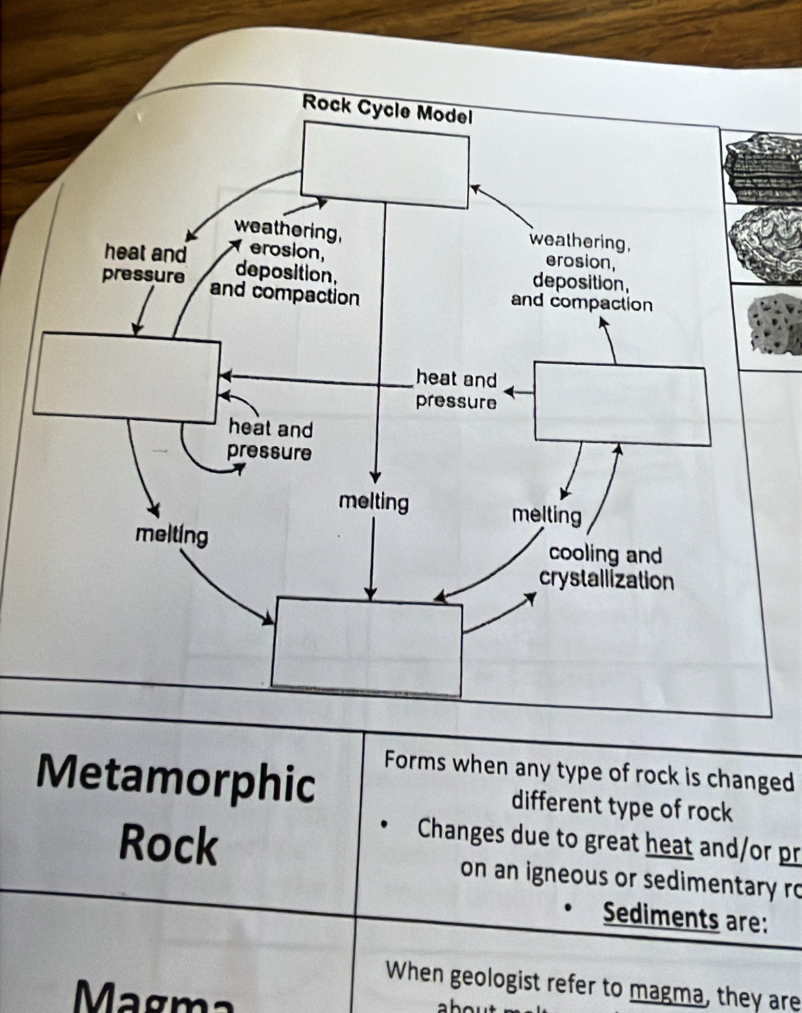 Forms when any type of rock is changed 
Metamorphic different type of rock 
Changes due to great heat and/or pr 
Rock on an igneous or sedimentary ro 
Sediments are: 
When geologist refer to magma, they are 
Magma