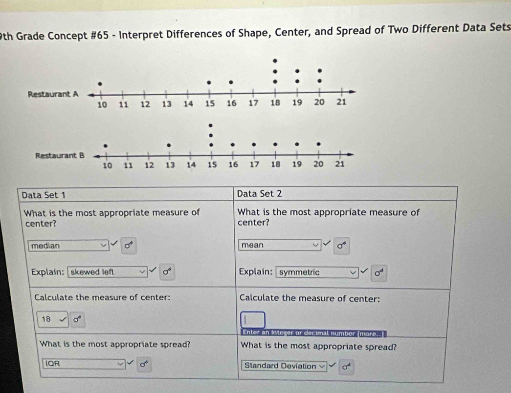 9th Grade Concept #65 - Interpret Differences of Shape, Center, and Spread of Two Different Data Sets
Data Set 1 Data Set 2
What is the most appropriate measure of What is the most appropriate measure of
center? center?
median sigma^4 mean sigma^4
Explain: skewed left sigma^4 Explain: symmetric o^d
Calculate the measure of center: Calculate the measure of center:
18 sigma^6
Enter an Integer or decimal number (more.
What is the most appropriate spread? What is the most appropriate spread?
IQR sigma^4 Standard Deviation sigma^4