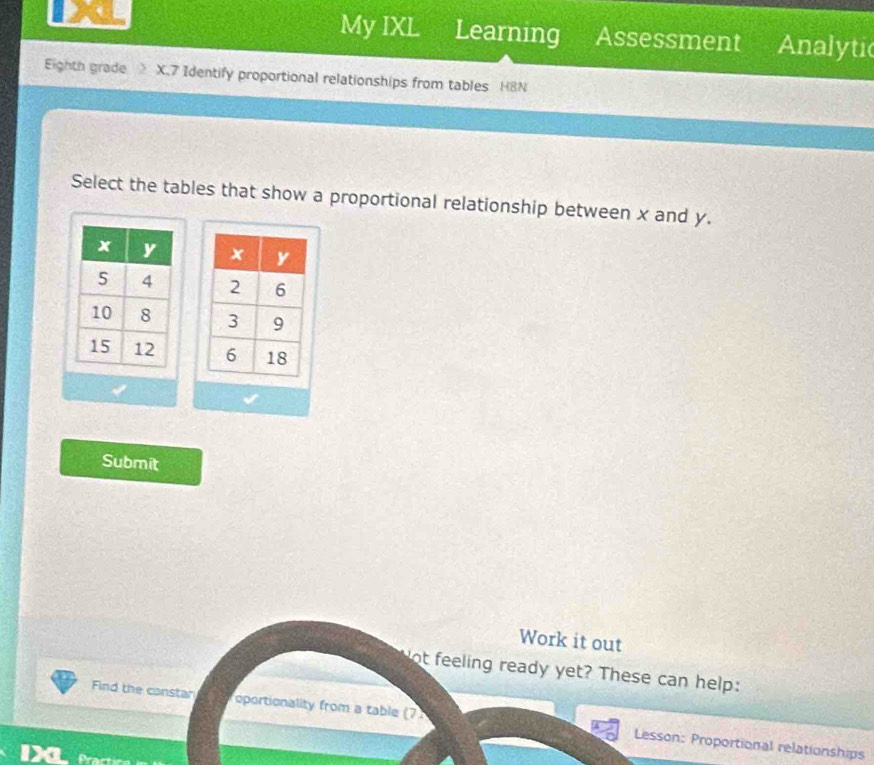 My IXL Learning Assessment Analytic 
Eighth grade X.7 Identify proportional relationships from tables H8N 
Select the tables that show a proportional relationship between x and y. 




Submit 
Work it out 
Not feeling ready yet? These can help: 
Find the constar oportionality from a table (7 Lesson: Proportional relationships