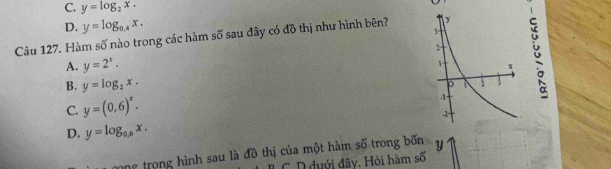 C. y=log _2x.
D. y=log _0.4x. 
Câu 127. Hàm số nào trong các hàm số sau đây có đồ thị như hình bên?
A. y=2^x.
B. y=log _2x.
C. y=(0,6)^x.
D. y=log _0,6x. 
Tong trong hình sau là đồ thị của một hàm số trong bốn Y
* D dưới đây. Hỏi hàm số