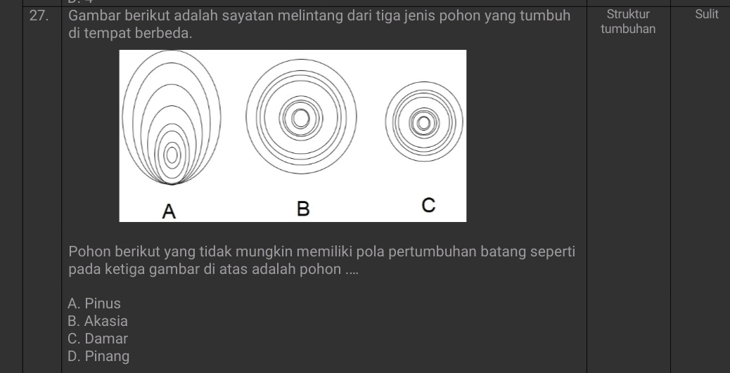 Gambar berikut adalah sayatan melintang dari tiga jenis pohon yang tumbuh Struktur Sulit
di tempat berbeda. tumbuhan
A
B
C
Pohon berikut yang tidak mungkin memiliki pola pertumbuhan batang seperti
pada ketiga gambar di atas adalah pohon ....
A. Pinus
B. Akasia
C. Damar
D. Pinang