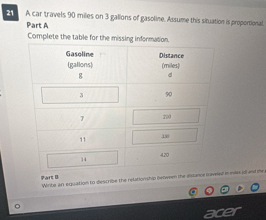 A car travels 90 miles on 3 gallons of gasoline. Assume this situation is proportional. 
Part A 
Complete the table for the missing information. 
Part B 
Write an equation to describe the relationship between the distancin miles (d) and the