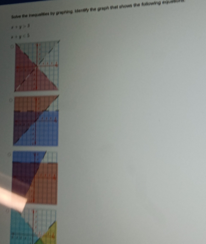 Solve the inequalities by graphing, Identify the graph that shows the following equations
x+y>3
x+y<5</tex>