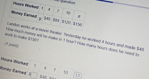 the qu 
er. Yesterday he worked 4 hours and made $48
work to make $156? 
ney will he make in 1 hour? How many hours does he need to 
(1 point)
Hours Worked 1 4 7 10 13
Money Earned $□ $48