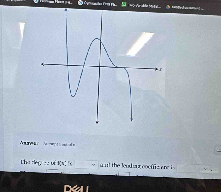 Premium Photo | Fe © Gymnastics PNG Ph... Two-Variable Statist. Untitled document 
Answer Attempt 1 out of 2 
The degree of f(x) is □ and the leading coefficient is