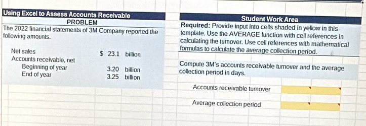 Using Excel to Assess Accounts Receivable Student Work Area 
PROBLEM Required: Provide input into cells shaded in yellow in this 
The 2022 financial statements of 3M Company reported the template. Use the AVERAGE function with cell references in 
following amounts. calculating the turnover. Use cell references with mathematical 
formulas to calculate the average collection period. 
Net sales $ 23.1 billion
Accounts receivable, net Compute 3M's accounts receivable turnover and the average 
Beginning of year 3.20 billion collection period in days. 
End of year 3.25 billion
Accounts receivable turnover 
Average collection period