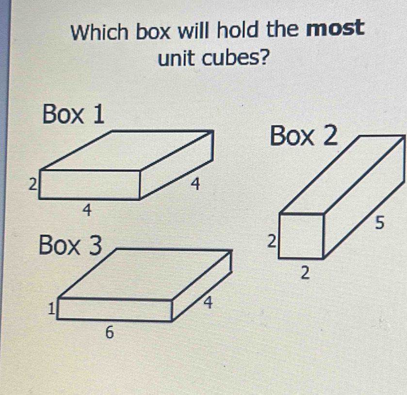 Which box will hold the most 
unit cubes?