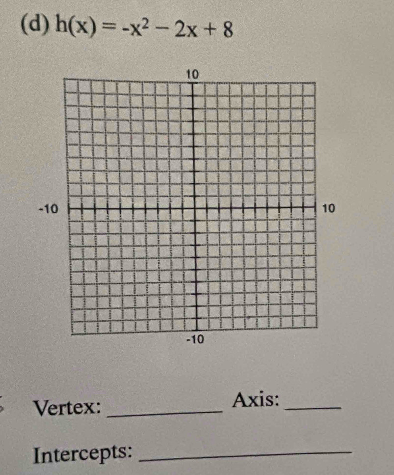 h(x)=-x^2-2x+8
Vertex:_ 
Axis:_ 
Intercepts:_