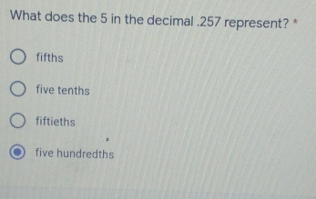 What does the 5 in the decimal.257 represent? *
fifths
five tenths
fiftieths
five hundredths