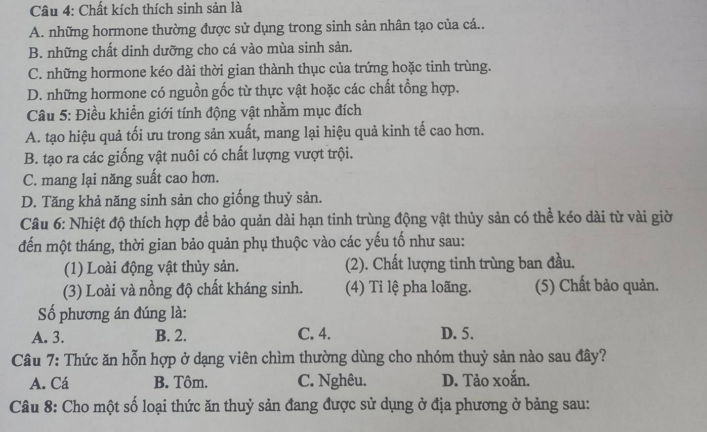 Chất kích thích sinh sản là
A. những hormone thường được sử dụng trong sinh sản nhân tạo của cá..
B. những chất dinh dưỡng cho cá vào mùa sinh sản.
C. những hormone kéo dài thời gian thành thục của trứng hoặc tinh trùng.
D. những hormone có nguồn gốc từ thực vật hoặc các chất tổng hợp.
Câu 5: Điều khiển giới tính động vật nhằm mục đích
A. tạo hiệu quả tối ưu trong sản xuất, mang lại hiệu quả kinh tế cao hơn.
B. tạo ra các giống vật nuôi có chất lượng vượt trội.
C. mang lại năng suất cao hơn.
D. Tăng khả năng sinh sản cho giống thuỷ sản.
Câu 6: Nhiệt độ thích hợp để bảo quản dài hạn tinh trùng động vật thủy sản có thể kéo dài từ vài giờ
đến một tháng, thời gian bảo quản phụ thuộc vào các yếu tố như sau:
(1) Loài động vật thủy sản. (2). Chất lượng tinh trùng ban đầu.
(3) Loài và nồng độ chất kháng sinh. (4) Tỉ lệ pha loãng. (5) Chất bảo quản.
ố phương án đúng là:
A. 3. B. 2. C. 4. D. 5.
Câu 7: Thức ăn hỗn hợp ở dạng viên chìm thường dùng cho nhóm thuỷ sản nào sau đây?
A. Cá B. Tôm. C. Nghêu. D. Tảo xoắn.
Câu 8: Cho một số loại thức ăn thuỷ sản đang được sử dụng ở địa phương ở bảng sau: