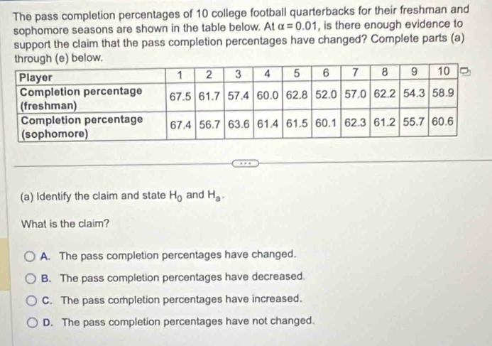 The pass completion percentages of 10 college football quarterbacks for their freshman and
sophomore seasons are shown in the table below. At alpha =0.01 , is there enough evidence to
support the claim that the pass completion percentages have changed? Complete parts (a)
(a) Identify the claim and state H_0 and H_a. 
What is the claim?
A. The pass completion percentages have changed.
B. The pass completion percentages have decreased.
C. The pass completion percentages have increased.
D. The pass completion percentages have not changed.