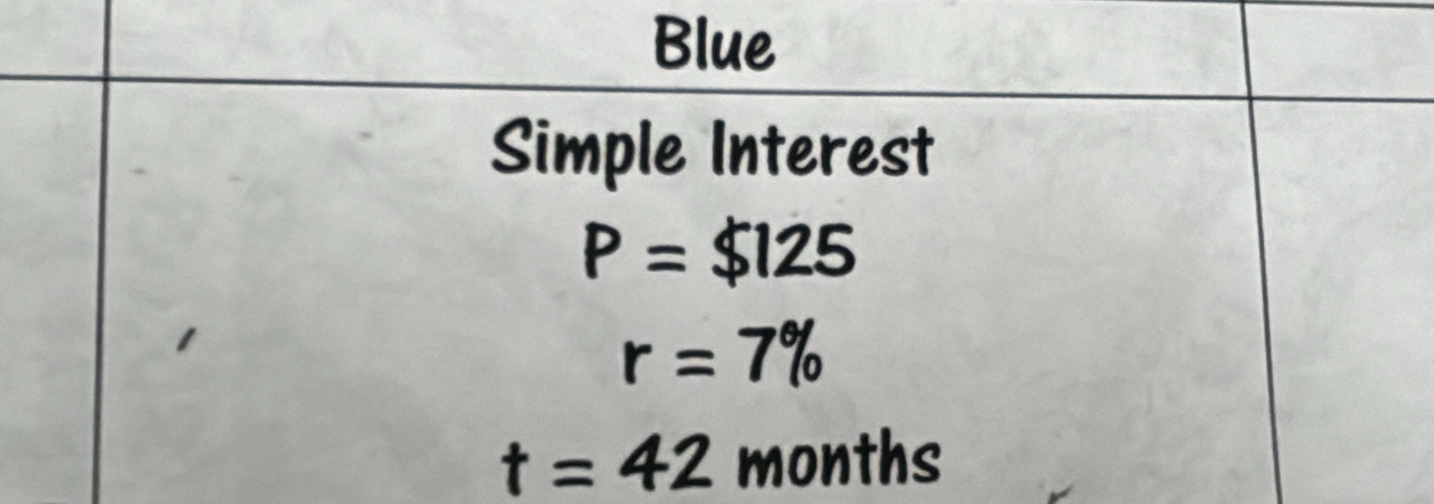 Blue 
Simple Interest
p=$125
r=7%
t=42 months