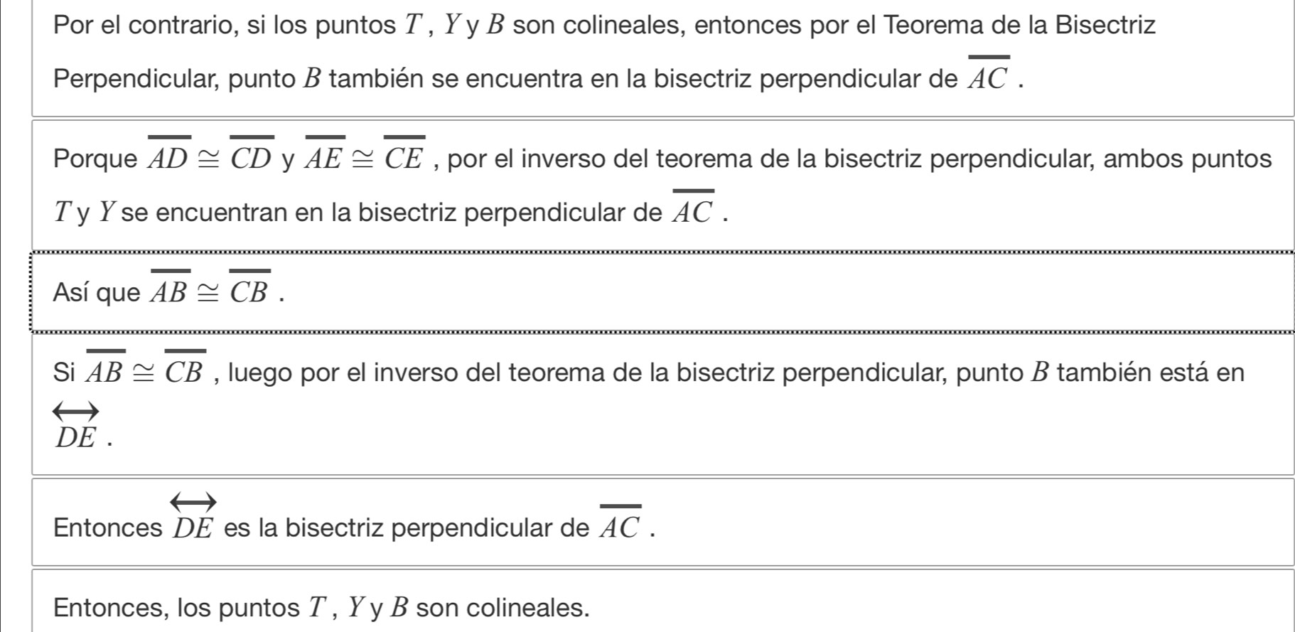 Por el contrario, si los puntos ア , Yy B son colineales, entonces por el Teorema de la Bisectriz 
Perpendicular, punto B también se encuentra en la bisectriz perpendicular de overline AC. 
Porque overline AD≌ overline CD y overline AE≌ overline CE , por el inverso del teorema de la bisectriz perpendicular, ambos puntos 
Ty Yse encuentran en la bisectriz perpendicular de overline AC. 
Así que overline AB≌ overline CB. 
Si overline AB≌ overline CB , luego por el inverso del teorema de la bisectriz perpendicular, punto B también está en
overleftrightarrow DE. 
Entonces overleftrightarrow DE es la bisectriz perpendicular de overline AC. 
Entonces, los puntos T , Y y B son colineales.