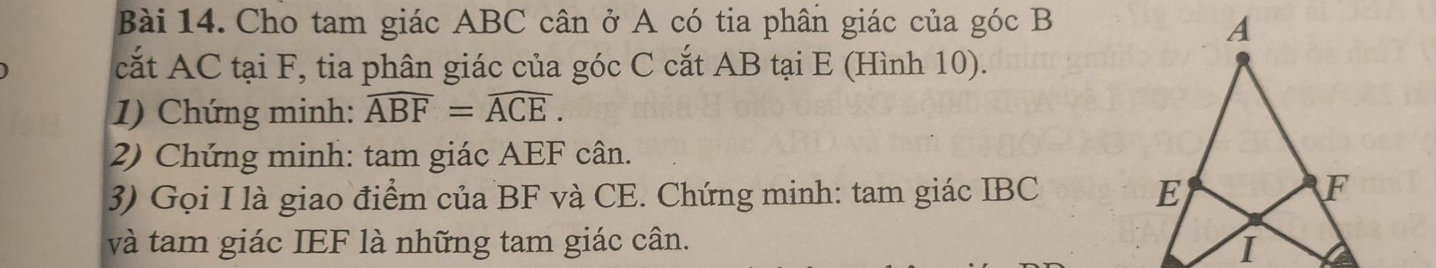 Cho tam giác ABC cân ở A có tia phân giác của góc B
cắt AC tại F, tia phân giác của góc C cắt AB tại E (Hình 10). 
1) Chứng minh: widehat ABF=widehat ACE. 
2) Chứng minh: tam giác AEF cân. 
3) Gọi I là giao điểm của BF và CE. Chứng minh: tam giác IBC
và tam giác IEF là những tam giác cân.