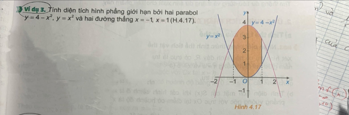 Ví dụ 3. Tính diện tích hình phẳng giới hạn bởi hai parabol
y=4-x^2,y=x^2 và hai đường thẳng x=-1,x=1(H.4.17).
Hình 4.17