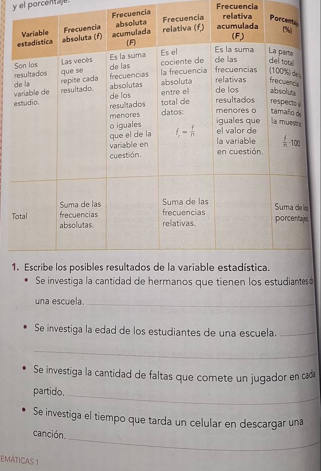 el porcentaje.
Frecuencia
Frecuencia
r
v
e
os
T
s
 
Se investiga la cantidad de hermanos que tienen los estudiantes d
una escuela._
Se investiga la edad de los estudiantes de una escuela._
_
Se investiga la cantidad de faltas que comete un jugador en cada
partido._
Se investiga el tiempo que tarda un celular en descargar una
_
canción.
EMÁTICAS 1