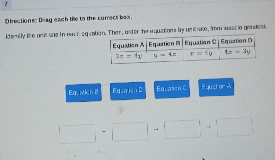 Directions: Drag each tile to the correct box.
ldentify the unit rate in each equatder the equations by unit rate, from least to greatest.
Equation B Equation D Equation C Equation A