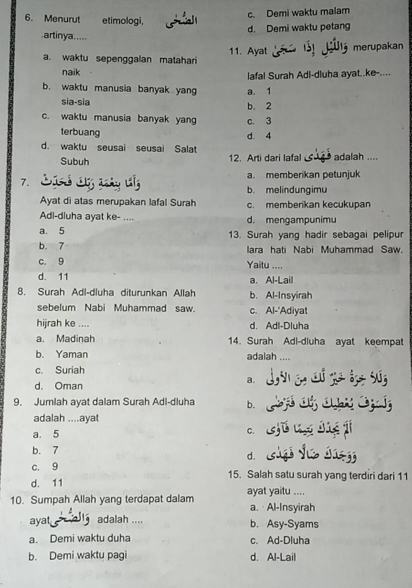 c. Demi waktu malam
6. Menurut etimologi,
artinya..... d. Demi waktu petang
11. Ayat merupakan
a. waktu sepenggalan matahari
naik
lafal Surah Adl-dluha ayat..ke-....
b. waktu manusia banyak yan a. 1
sia-sia b. 2
c. waktu manusia banyak yang c. 3
terbuang d. 4
d. waktu seusai seusai Salat
Subuh 12. Arti dari lafal si adalah ....
a. memberikan petunjuk
7.
b. melindungimu
Ayat di atas merupakan lafal Surah c. memberikan kecukupan
Adl-dluha ayat ke- .... d. mengampunimu
a. 5 13. Surah yang hadir sebagai pelipur
b. 7 lara hati Nabi Muhammad Saw.
c. 9 Yaitu ....
d. 11 a. Al-Lail
8. Surah Adl-dluha diturunkan Allah b. Al-Insyirah
sebelum Nabi Muhammad saw. c. Al-'Adiyat
hijrah ke .... d. Adl-Dluha
a. Madinah 14. Surah Adl-dluha ayat keempat
b. Yaman adalah ....
c. Suriah
d. Oman
a.  i ya á su
9. Jumlah ayat dalam Surah Adl-dluha b.  our  C 
adalah ....ayat
a. 5
C.
b. 7
c. 9 d.
15. Salah satu surah yang terdiri dari 11
d. 11
ayat yaitu ....
10. Sumpah Allah yang terdapat dalam
a. · Al-Insyirah
ayat adalah .... b. Asy-Syams
a. Demi waktu duha c. Ad-Dluha
b. Demi waktu pagi d. Al-Lail