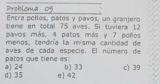 Entre pollos, patos y pavos, un granjero
tiene en total 75 aves. Si tuviera 12
pavos más, 4. patos más y 7 pollos
menos, tendría la misma cantidad de
aves de cada especie. El número de
patos que tiene es:
a) 24 b) 33 c) 39
d) 35 e) 42