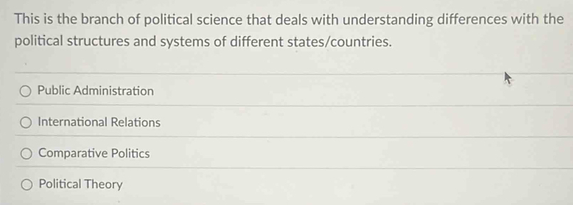 This is the branch of political science that deals with understanding differences with the
political structures and systems of different states/countries.
Public Administration
International Relations
Comparative Politics
Political Theory