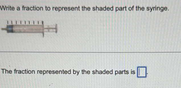 Write a fraction to represent the shaded part of the syringe. 
The fraction represented by the shaded parts is □.