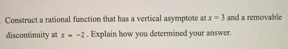 Solved: Construct a rational function that has a vertical asymptote at ...