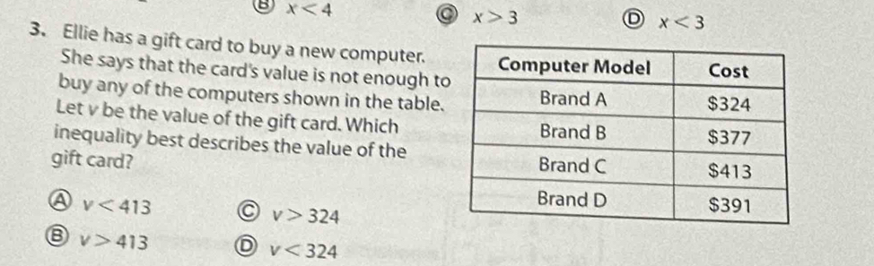 x<4</tex> 
◎ x>3
D x<3</tex> 
3. Ellie has a gift card to buy a new computer.
She says that the card's value is not enough t
buy any of the computers shown in the table.
Let v be the value of the gift card. Which
inequality best describes the value of the
gift card?
v<413</tex> C v>324
B v>413 D v<324</tex>