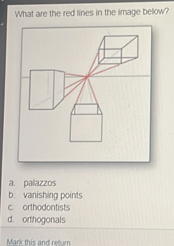 What are the red lines in the image below?
a palazzos
b vanishing points
c. orthodontists
d. orthogonals
Mark this and return