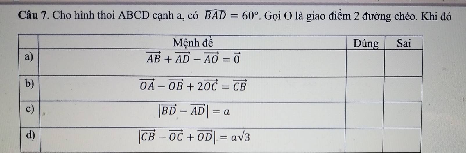 Cho hình thoi ABCD cạnh a, có widehat BAD=60°. Gọi O là giao điểm 2 đường chéo. Khi đó