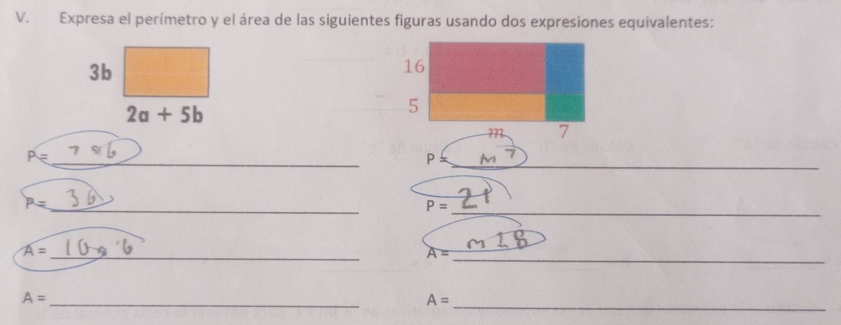 Expresa el perímetro y el área de las siguientes figuras usando dos expresiones equivalentes:
3b
16
2a+5b
5
m 7
_ P=
P _M_ 
_ P=
P= _ 
_ A=
A= _
A= _
A= _