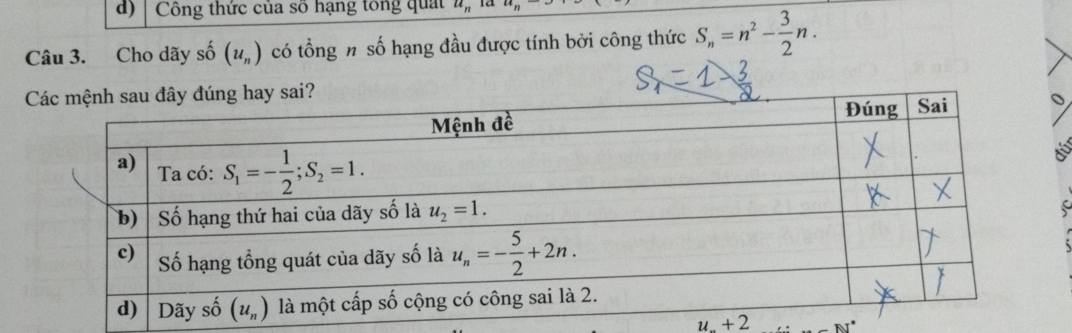 Công thức của số hạng tong quat a_n 1a 5
Câu 3. Cho dãy số (u_n) có tổng n số hạng đầu được tính bởi công thức S_n=n^2- 3/2 n.
C

u_n+2