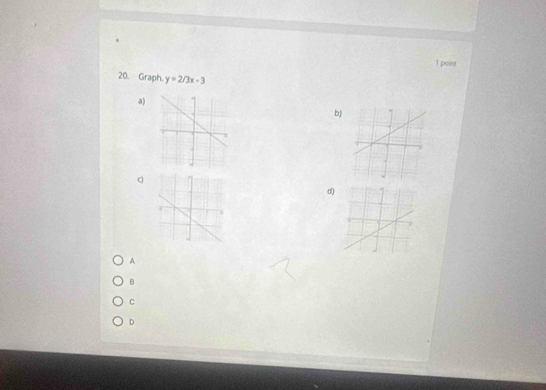 Graph. y=2/3x-3
a)
b)
c
d)
A
B
C
D