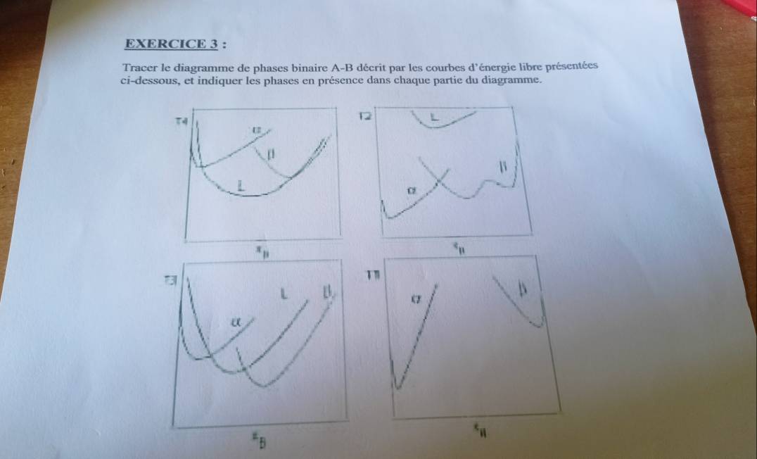 Tracer le diagramme de phases binaire A-B décrit par les courbes d'énergie libre présentées
ci-dessous, et indiquer les phases en présence dans chaque partie du diagramme.
varepsilon _p
'
D^4_11