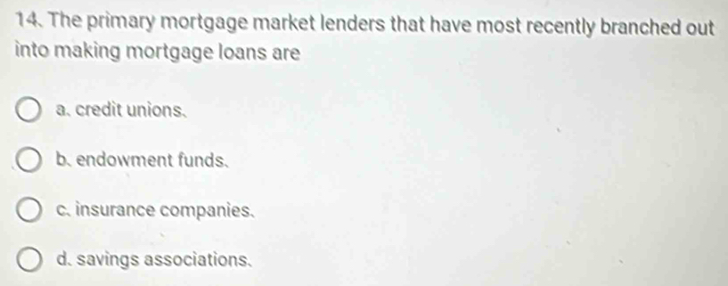 The primary mortgage market lenders that have most recently branched out
into making mortgage loans are
a. credit unions.
b. endowment funds.
c. insurance companies.
d. savings associations.