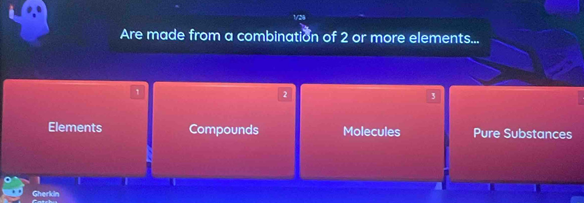 1/28
Are made from a combination of 2 or more elements...
,
2
3
Elements Compounds Molecules Pure Substances
1
Gherkin