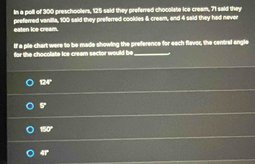 In a poll of 300 preschoolers, 125 said they preferred chocolate ice cream, 71 said they
preferred vanilla, 100 said they preferred cookies & cream, and 4 said they had never
eaten ice cream.
If a pie chart were to be made showing the preference for each flavor, the central angle
for the chocolate ice cream sector would be_
124°
5°
150°
41°