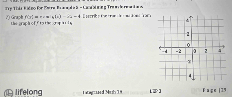 Try This Video for Extra Example 5 - Combining Transformations
7) Graph f(x)=x and g(x)=3x-4. Describe the transformations from
the graph of f to the graph of g.
lifelong Integrated Math 1A LEP 3 P a g e | 29